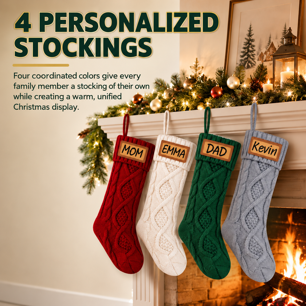 COOKEY 4 Pack Personalized Cable Knit Christmas Stockings with Leather Name Patches, for Fireplace Mantel, Red White Green Beige