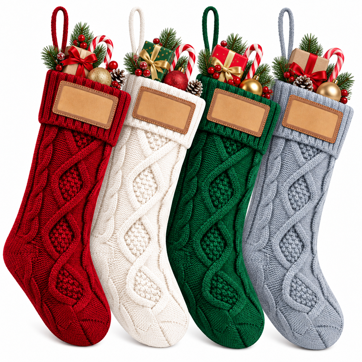 COOKEY 4 Pack Personalized Cable Knit Christmas Stockings with Leather Name Patches, for Fireplace Mantel, Red White Green Beige