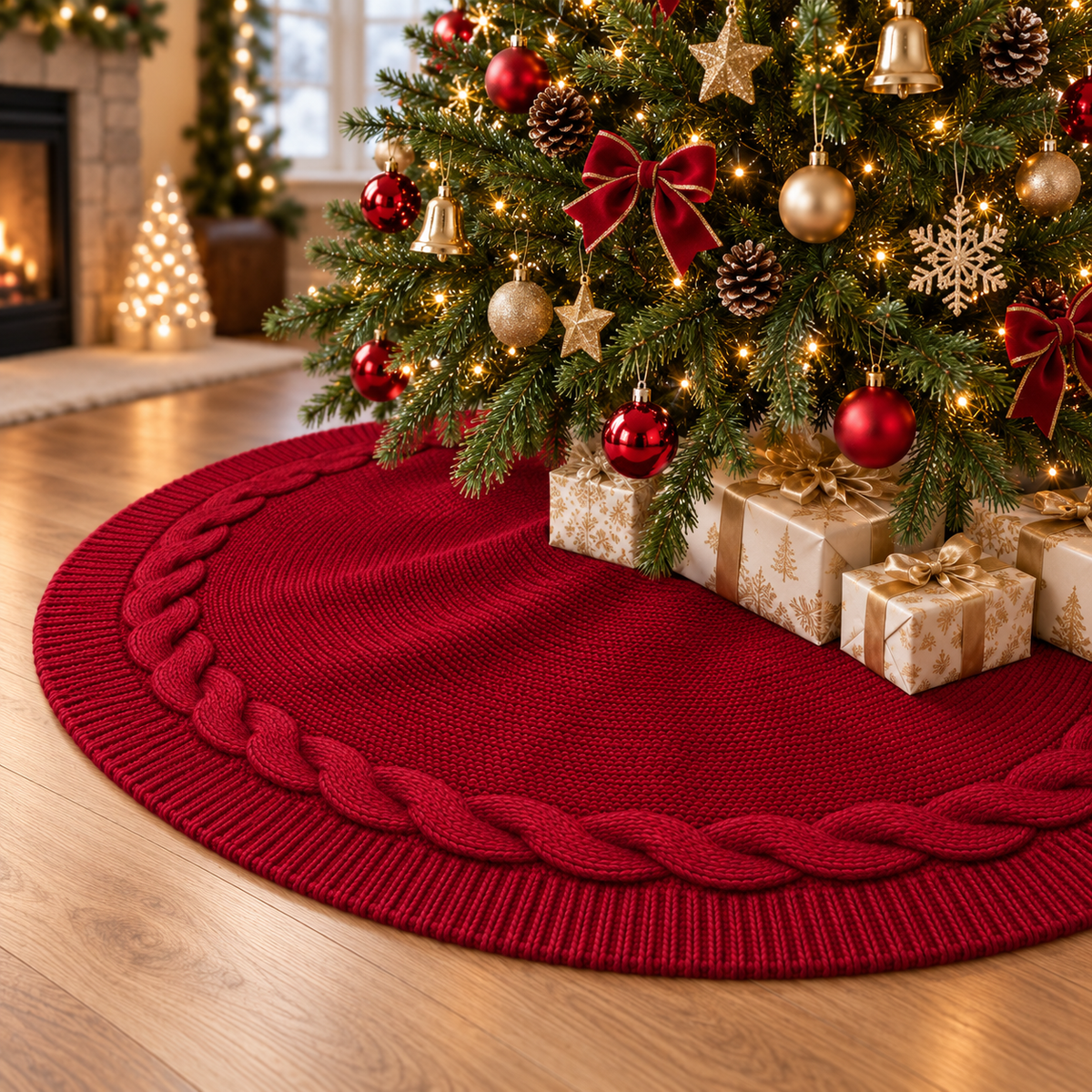COOKEY 48 Inch Christmas Tree Skirt for 7.5FT Tree, Burgundy Cable Knit Tree Skirt, Vintage Rustic Farmhouse Christmas Tree Decorations, Wine Red