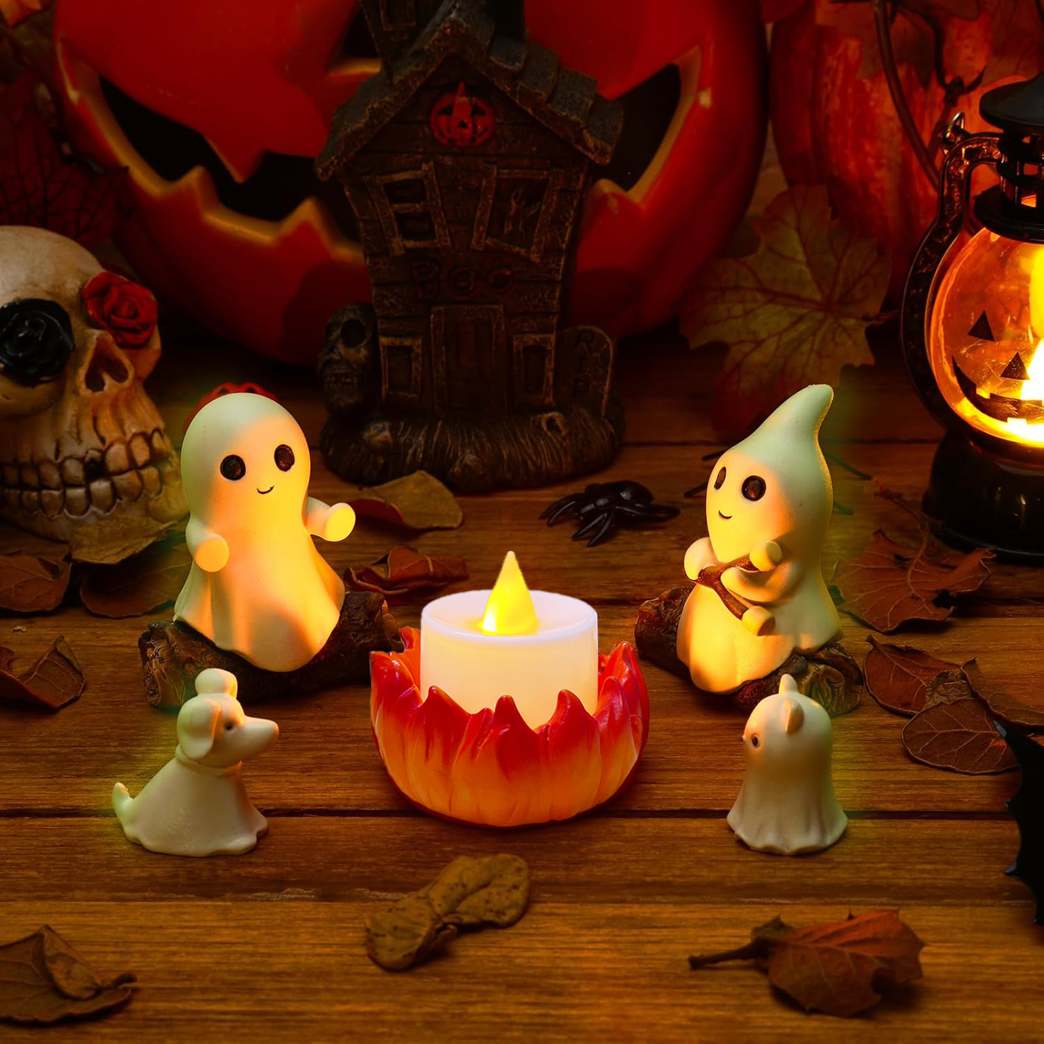 COOKEY Glow-in-The-Dark Ghost Campfire Gathering, Cute & Cozy Halloween Ghost Figurine Set, Resin Ghost Statue for Home, Mantel, Shelf, Desk