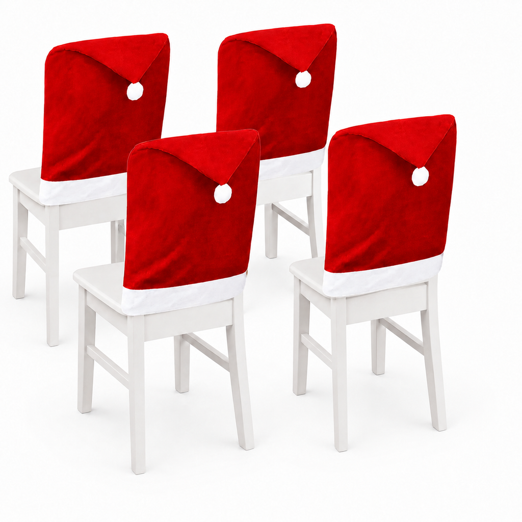 COOKEY 4pcs Christmas Chair Covers,Santa Hat Chair Back Cover Xmas Slipcover for Christmas Dinning Room Home Decoration Supply,Red