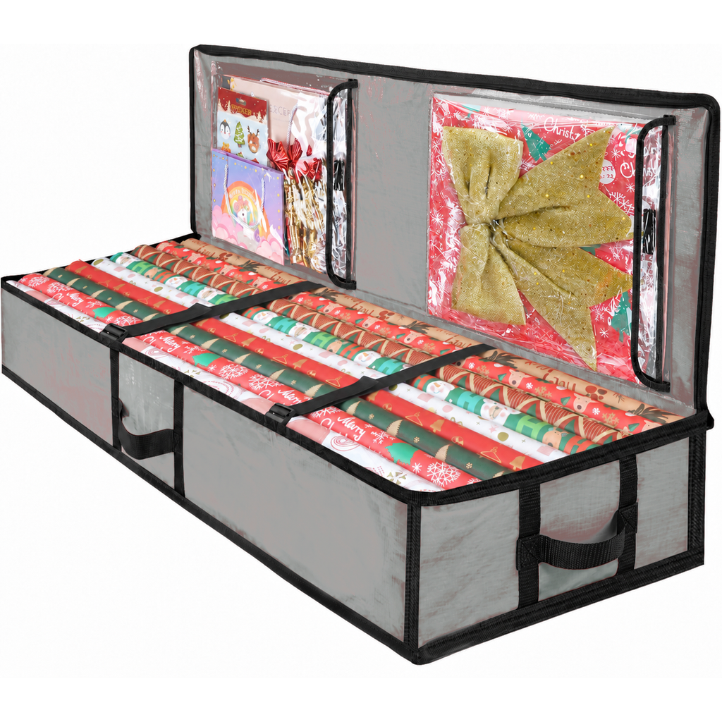 COOKEY Large Christmas Wrapping Paper Storage Bag, 40" Durable PE Gift Wrap Storage Bag with Flexible Partitions and Pockets for Ribbon, Accessories