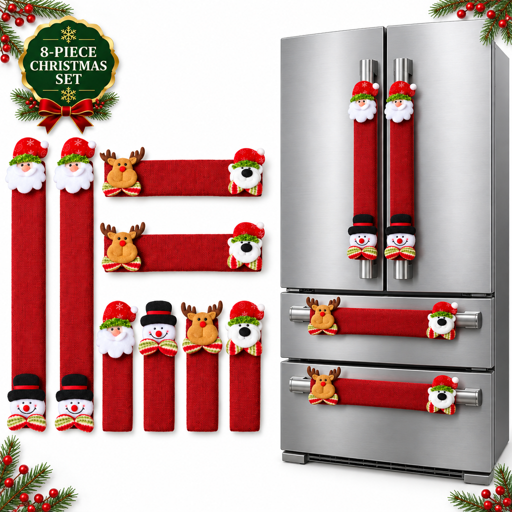 COOKEY Christmas Refrigerator Handle Covers Set of 8, Santa Snowman Reindeer Polar Bear Fridge Handle Covers, Christmas Kitchen Decor for Refrigerator Oven Microwave Dishwasher, Red