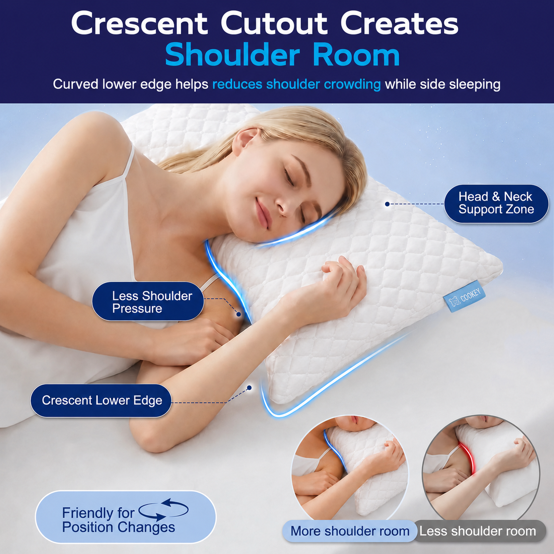 COOKEY Cooling Curved Side Sleeper Pillows Set of 2, with Adjustable Shredded Memory Foam Fill for Neck and Shoulder Support