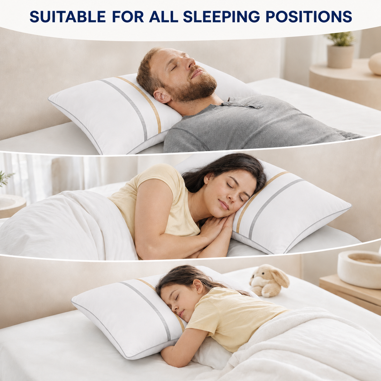 COOKEY Down Alternative Pillow for Bed with Satin Ribbon Design, Hotel Quality Gel Fiber Fill, Fluffy Supportive Bed Pillow for Side Back Stomach Sleepers, White