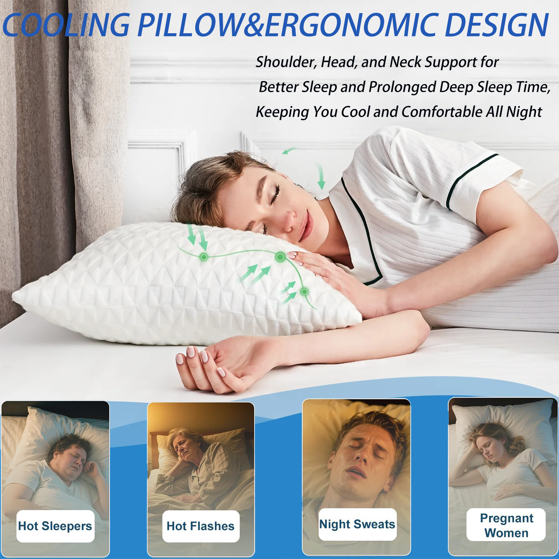 COOKEY Cooling Pillows Size Set of 2, Shredded Memory Foam Pillows Cool for Hot Sleepers, Adjustable Firm Soft Support Bed Pillows