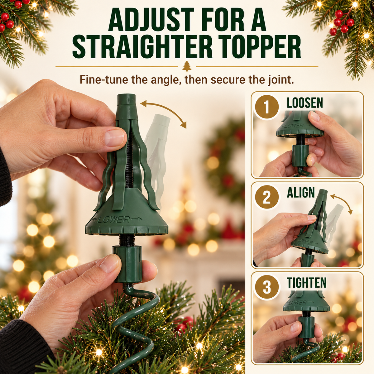 COOKEY Christmas Tree Topper Holder, Adjustable Twist-On Metal Tree Topper Stabilizer with Spiral Support and Attachments, Christmas Tree Topper Support for Star Angel Holiday Decorations, Green