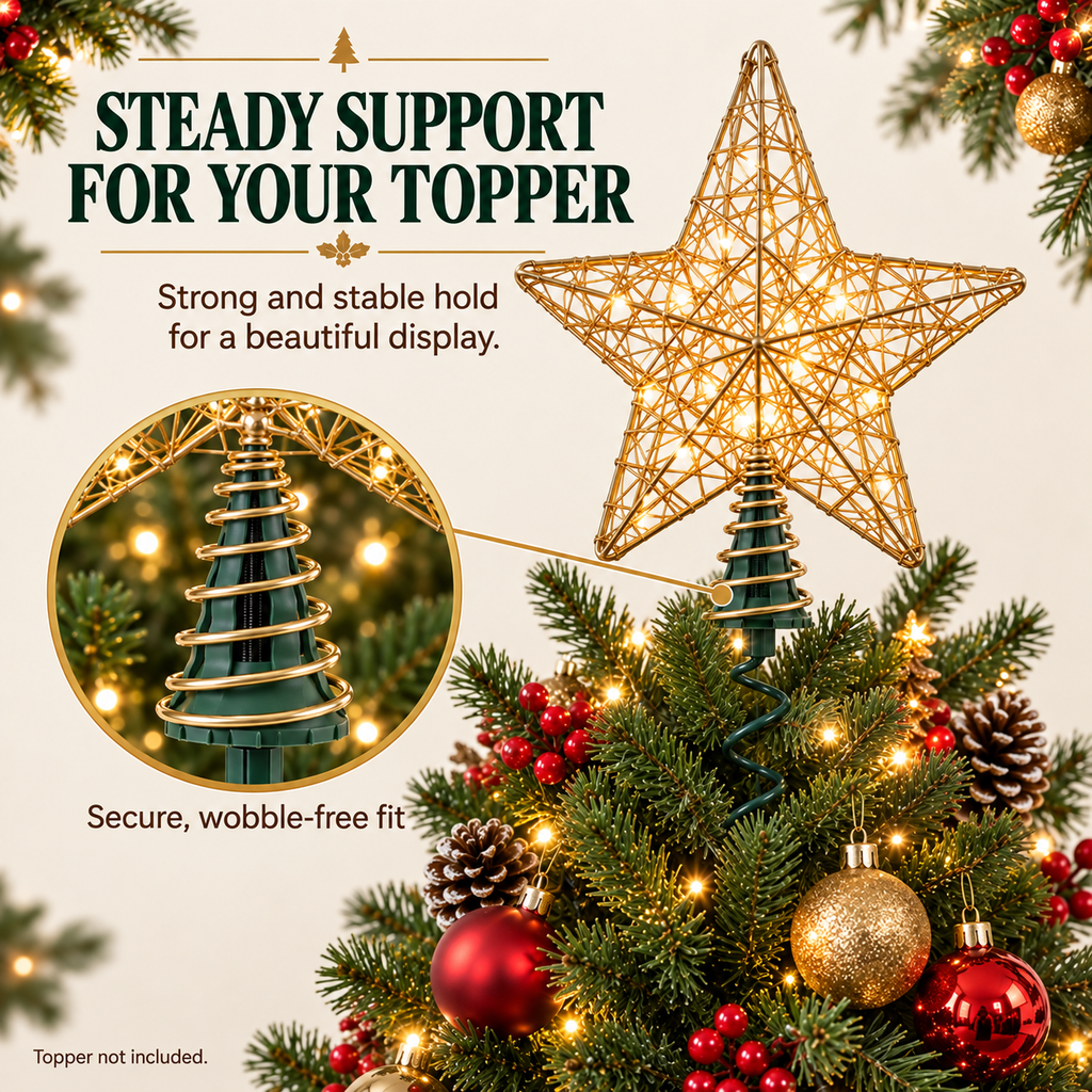 COOKEY Christmas Tree Topper Holder, Adjustable Twist-On Metal Tree Topper Stabilizer with Spiral Support and Attachments, Christmas Tree Topper Support for Star Angel Holiday Decorations, Green