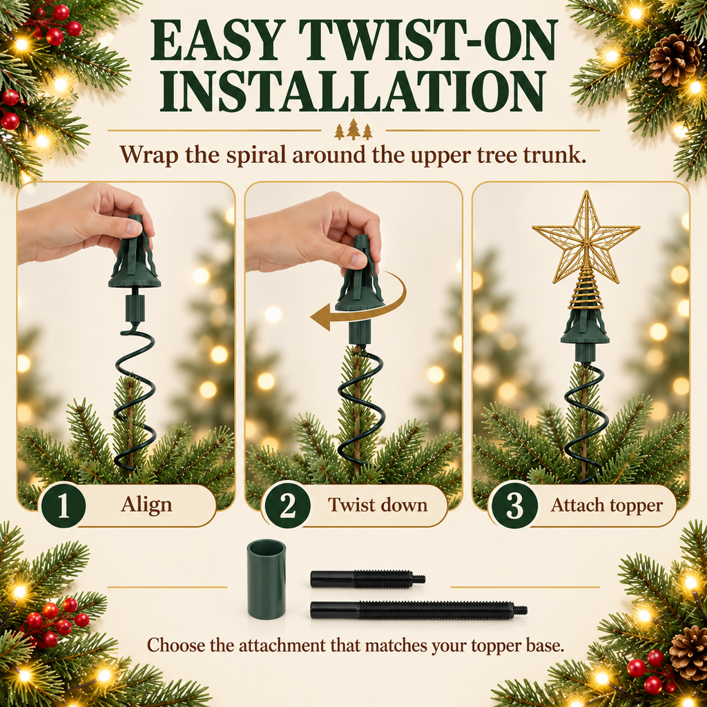 COOKEY Christmas Tree Topper Holder, Adjustable Twist-On Metal Tree Topper Stabilizer with Spiral Support and Attachments, Christmas Tree Topper Support for Star Angel Holiday Decorations, Green