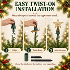 COOKEY Christmas Tree Topper Holder, Adjustable Twist-On Metal Tree Topper Stabilizer with Spiral Support and Attachments, Christmas Tree Topper Support for Star Angel Holiday Decorations, Green